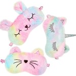 3 Pieces Sleep Mask for Kids, Girls Plush Sleeping Eye Cover Soft Eye Blindfold Cover Animal Shade for Kids(Rainbow Color,Bunny, Cat and Unicorn Style)