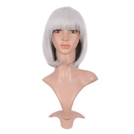 MapofBeauty 12 Inch/30cm Fashion Lady Short Straight Flat Bangs Bob Wig (Silver)