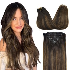 GOO GOO Clip in Hair Extensions Real Human Hair, Remy Human Hair Extensions Clip ins for Women, Natural Human Hair, 18inch 120g 7Pcs, 2/6/2 Balayage Dark Brown to Chestnut Brown