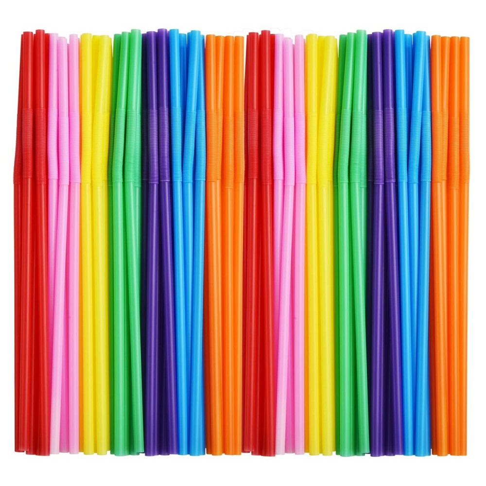 ALINK 100pcs Assorted Colored Plastic Disposable Drinking Straws, 10.2 inch Long Bendy Party Straws