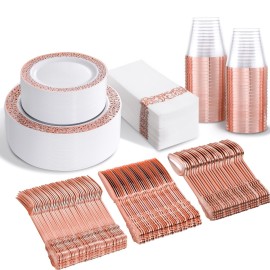 bUCLA 350PCS Rose Gold Plastic Plates With Disposable Silverware & Napkins - Rose Gold Rim Plastic Dinnerware Set Lace Design for Wedding, Party & Mothers Day