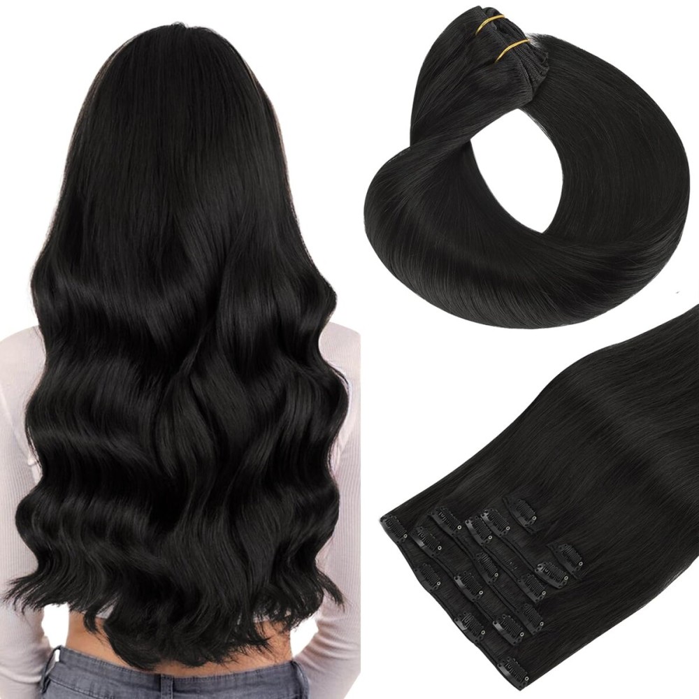 HOTBANANA Human Hair Clip in Hair Extensions, Natural Black 120g Clip in Hair Extensions Real Human Hair Straight Remy Hair 18 Inch 7pcs