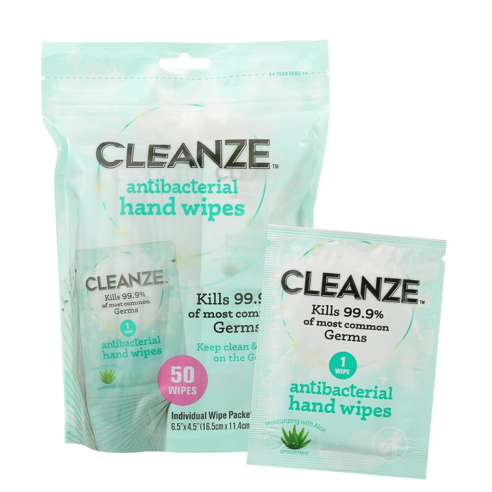 Cleanze Antibacterial Hand Sanitizing Individual Hand Wipe Packets, 50 Unscented Disinfecting Hand Sanitizer Wipes with Aloe for Travel, Kills 99.9% of Germs