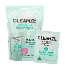 Cleanze Antibacterial Hand Sanitizing Individual Hand Wipe Packets, 50 Unscented Disinfecting Hand Sanitizer Wipes with Aloe for Travel, Kills 99.9% of Germs