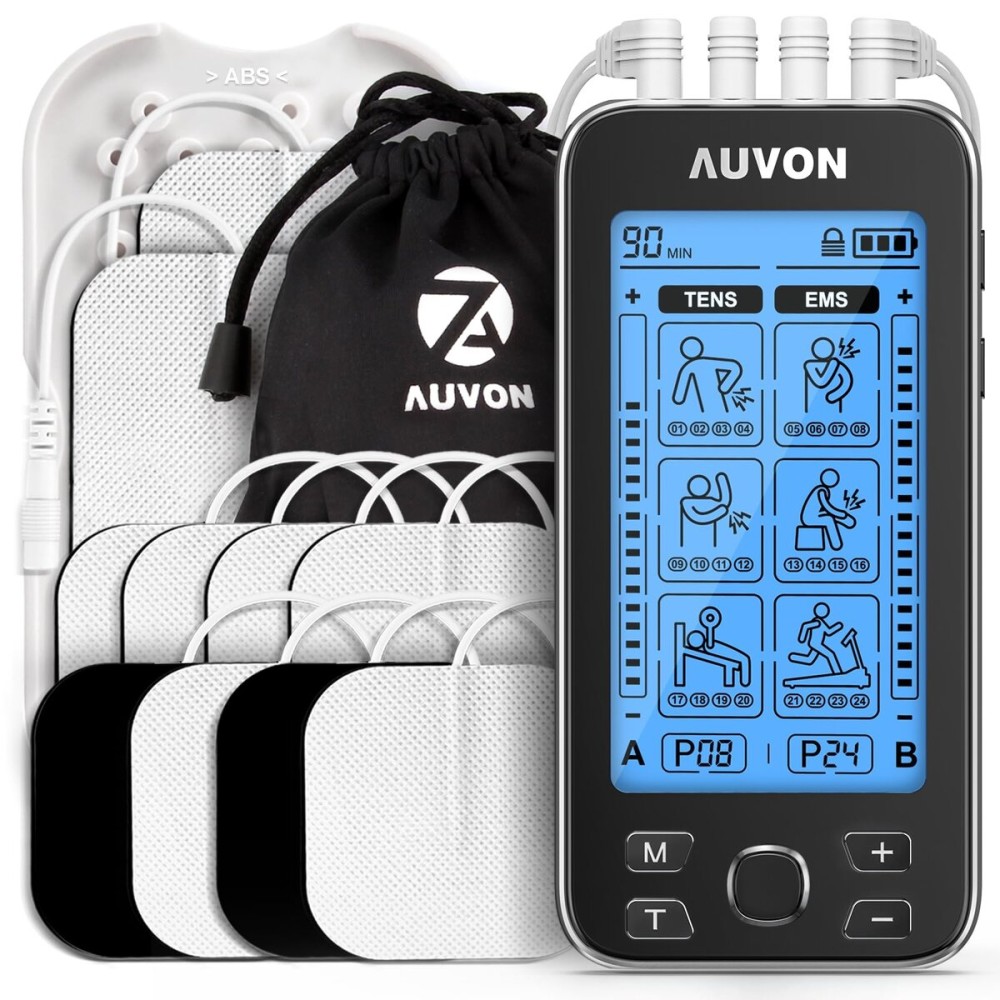 AUVON 4 Outputs TENS Unit EMS Muscle Stimulator Machine for Pain Relief Therapy with 24 Modes Electric Pulse Massager, 2 and 2x4 Electrodes Pads, Black