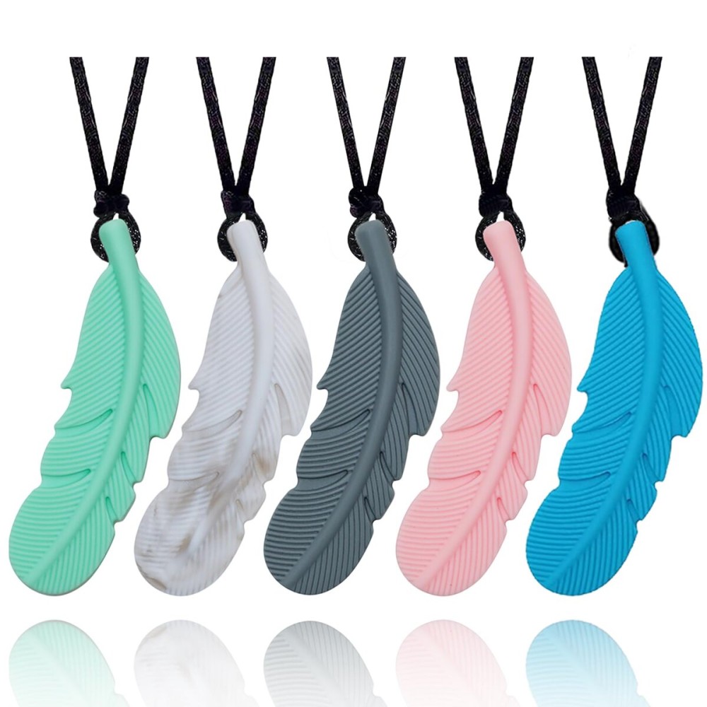 Sensory Chew Necklace for Kids, Boys and Girls, 5 Pack Silicone Feather Chewy Necklaces for Autism, ADHD, Chewing, Oral Motor Chewable Pendant for Mild Chewers