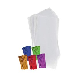Purple Q Crafts Clear Plastic Cellophane Bags with 4 Colored Twist Ties for Gifts Party Favors (4x9 100 Pack)