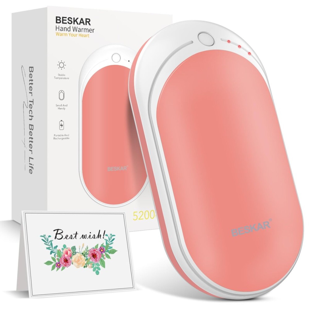 BESKAR Rechargeable Hand Warmer, 5200mAh Electric Handwarmer with Double-Sided Heating & USB Quick Charge, Portable Pocket Hand Warmer & Powerbank for Outdoor, Raynauds