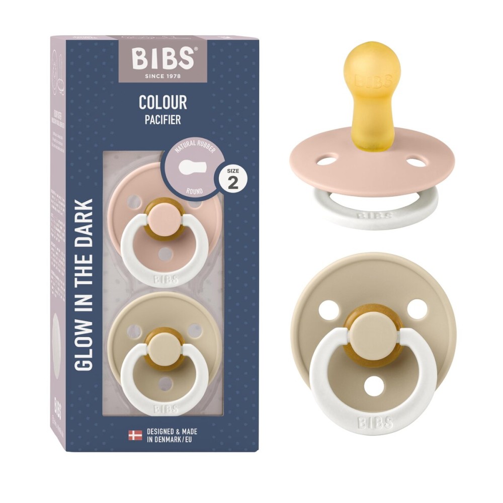BIBS Pacifiers Colour Collection | Natural Rubber Baby Pacifier | Set of 2 BPA-Free Soothers | Made in Denmark | 0+ Months (Pack of 2) | Blush Night/Vanilla Night