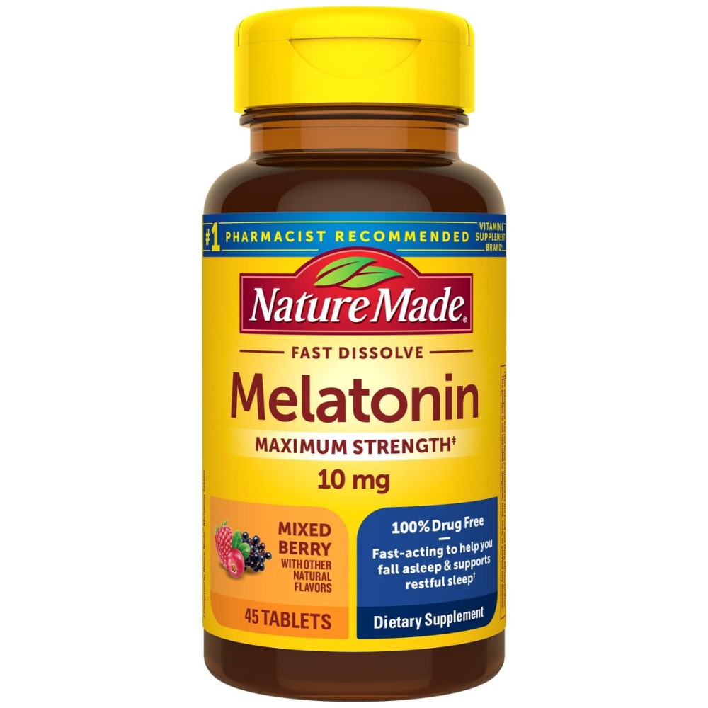 Nature Made Melatonin 10mg Fast Dissolve, Maximum Strength Nighttime Sleep Aid for Adults, 100% Drug-Free, 45 Tablets