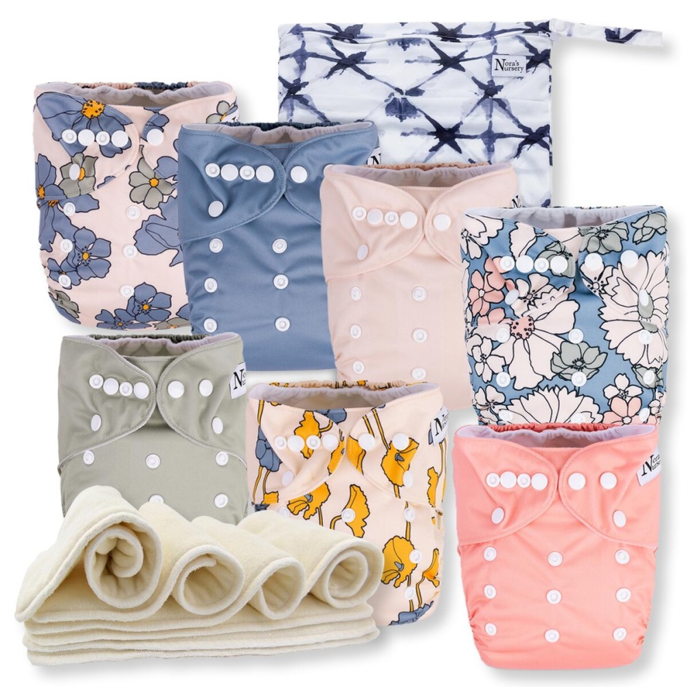 Nora\'s Nursery Cloth Diapers 7 Pack with 7 Inserts & 1 Wet Bag - Waterproof Cover, Washable, Reusable & One Size Adjustable Pocket Diapers for Newborns and Toddlers - Delilah