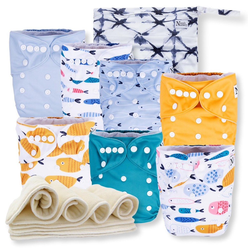 Nora\'s Nursery Cloth Diapers 7 Pack with 7 Inserts & 1 Wet Bag - Waterproof Cover, Washable, Reusable & One Size Adjustable Pocket Diapers for Newborns and Toddlers - Reel Me in
