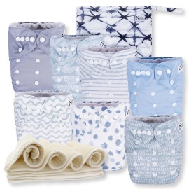 Nora\'s Nursery Cloth Diapers 7 Pack with 7 Inserts & 1 Wet Bag - Waterproof Cover, Washable, Reusable & One Size Adjustable Pocket Diapers for Newborns and Toddlers - Something Blue