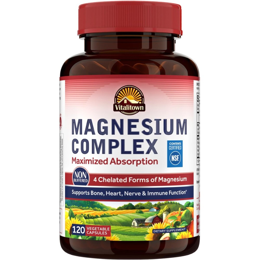 Vitalitown Magnesium Complex Supplement 500mg - NSF Certified Magnesium Glycinate, Malate, Taurate & Citrate - Chelated High Absorption & Gentle on Stomach - Vegan Non-GMO 120 Capsules
