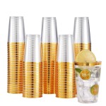 JOLLY CHEF 100 Pack 12 oz Gold Plastic Cups Tumblers Elegant Gold Rimmed Disposable Cups Perfect for Thanksgiving Day Christmas