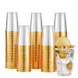 JOLLY CHEF 100 Pack 12 oz Gold Plastic Cups Tumblers Elegant Gold Rimmed Disposable Cups Perfect for Thanksgiving Day Christmas
