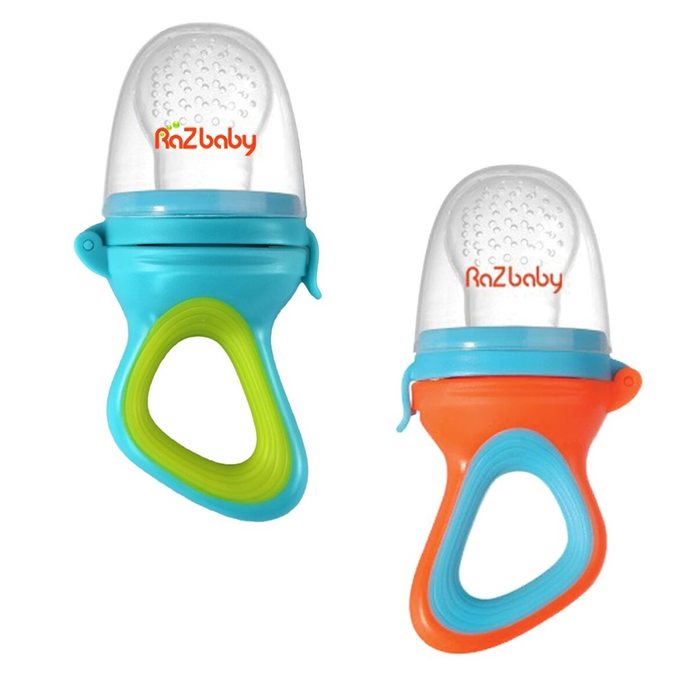 RaZbaby Baby Solids/Frozen Fruit Feeder Pacifier, Infant Teether Toy 6M+, BPA-Free, Safely Introduce Solids, Natural Teething Relief, Dishwasher Safe, Freezable - Blue & Orange 2-Pack