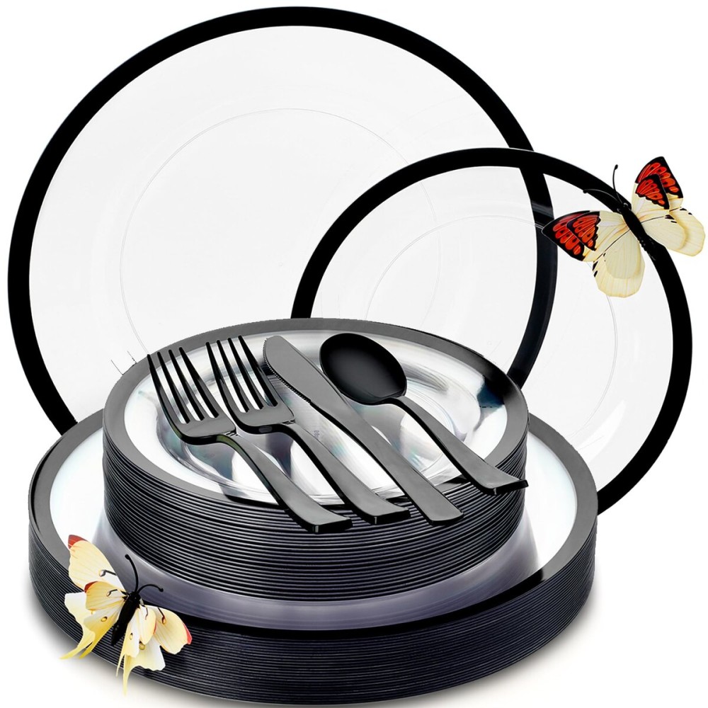 By Madee HEAVYWEIGHT 150 Pcs Clear and Black Party Plates and Utensils Set | Fancy Disposable Dinnerware Set with Gift of 3D Butterflies for Table Decor (150 Pcs 25 Guests)