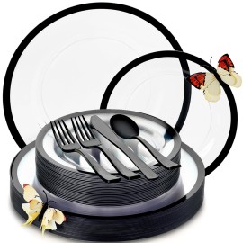 By Madee HEAVYWEIGHT 150 Pcs Clear and Black Party Plates and Utensils Set | Fancy Disposable Dinnerware Set with Gift of 3D Butterflies for Table Decor (150 Pcs 25 Guests)
