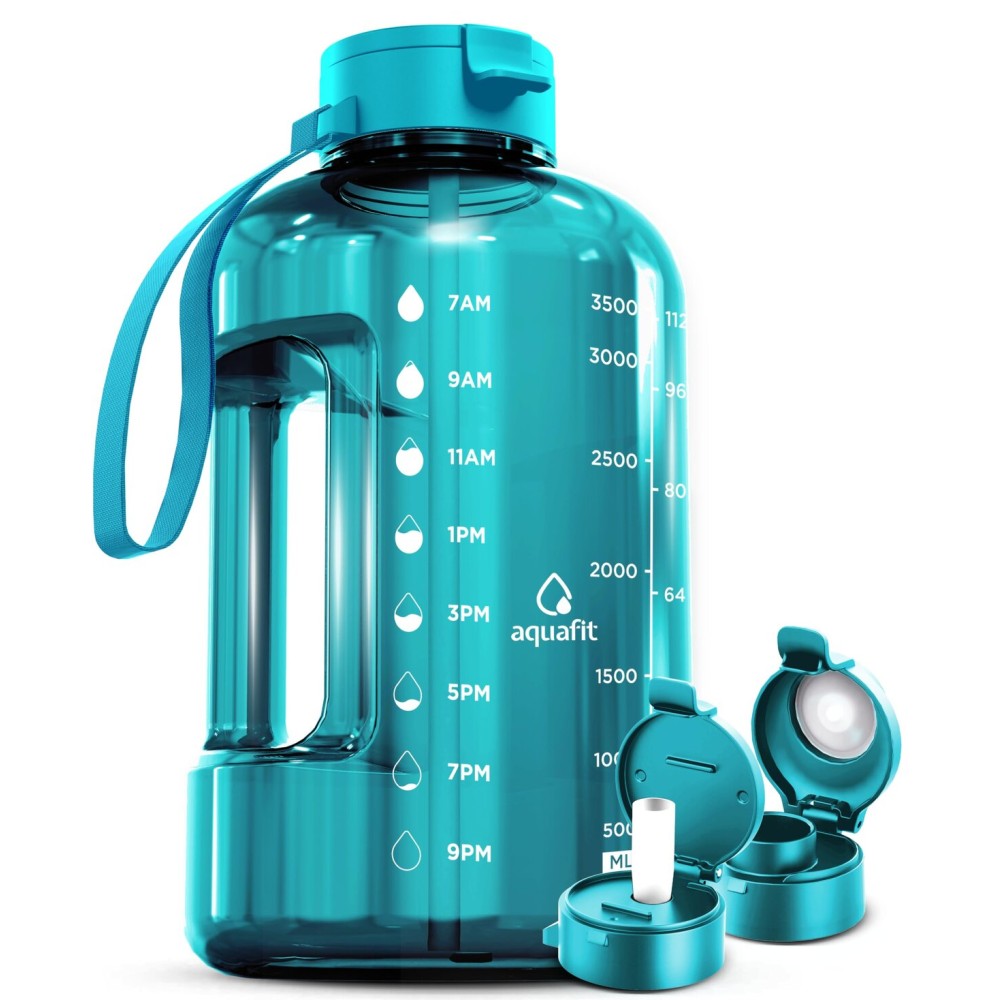 AQUAFIT 1 Gallon Water Bottle with Time Marker - Straw & Chug Lid - BPA Free Gym Water Bottle with Straw - Big Gallon Jug (Aqua, 128 oz - 2 Lids)