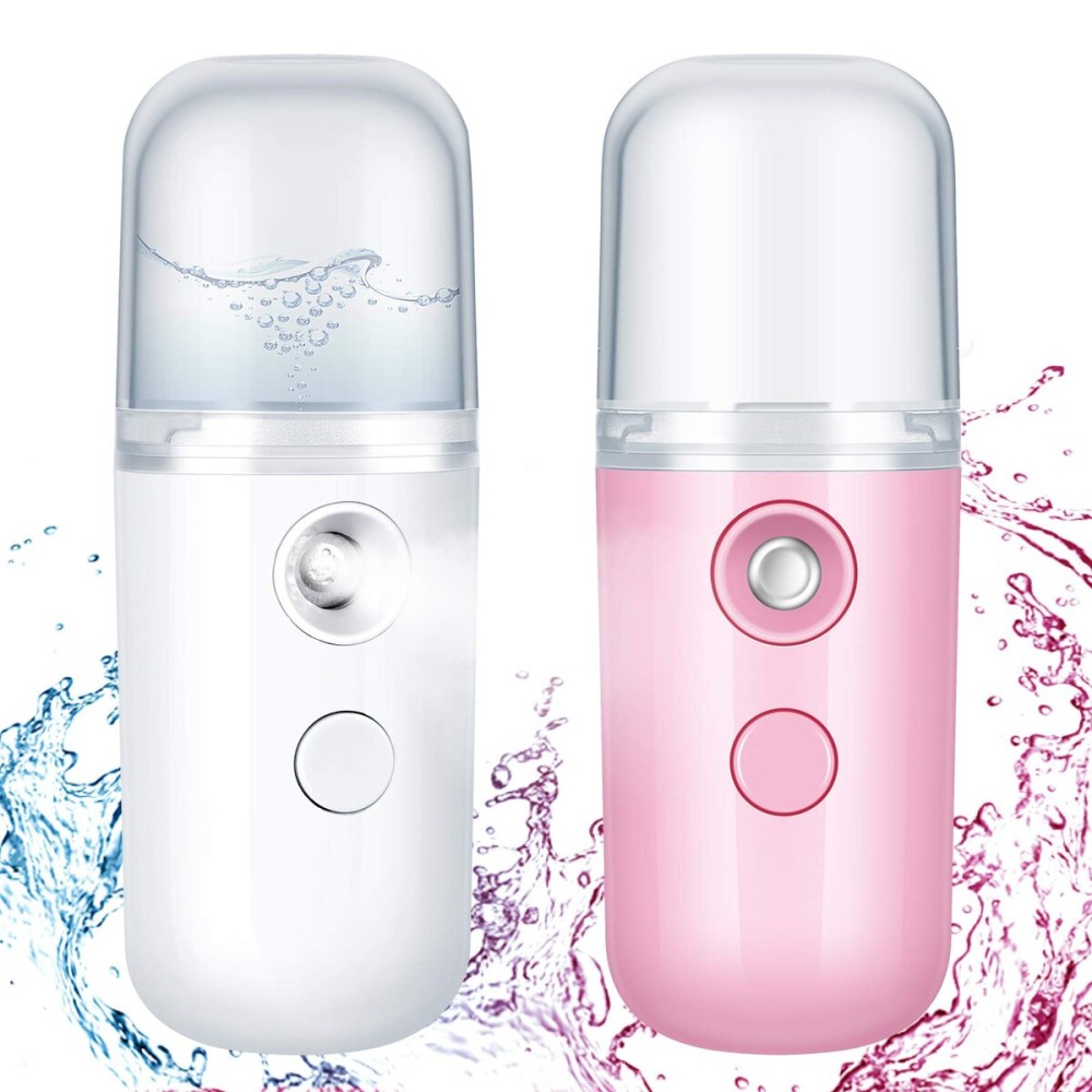 Honoson 2 Nano Facial Mister Sprayer Portable Face Nano Mister for Eyelash Extensions USB Rechargeable 1 oz Handy Skin Care Machine for Face Hydrating, Daily Makeup(Dark Pink and White)