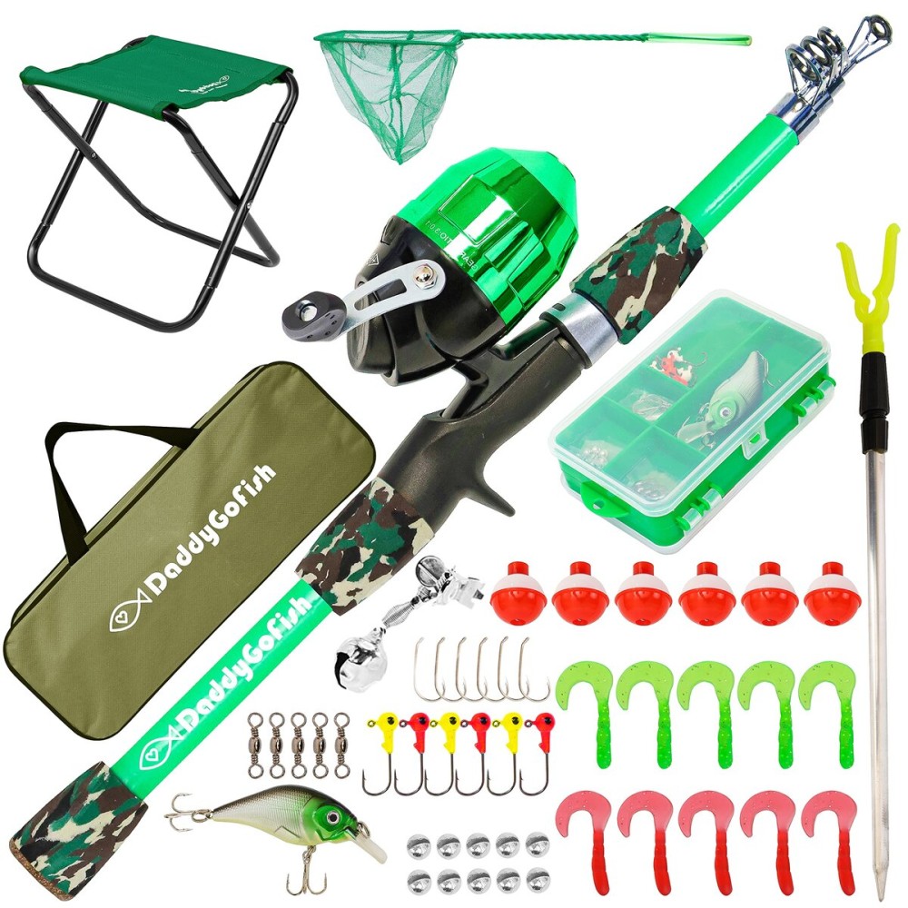 DaddyGoFish Kids Fishing Pole - Rod Reel Combo Tackle Box Starter Set - First Year Small Dock Gear Kit for Boys Girls Toddler Youth Age Beginner Little Children Junior Anglers (Green, 4ft)