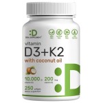 DEAL SUPPLEMENT Vitamin D3 10,000 IU + K2 MK7 200mcg Softgels, 250 Count | 2-in-1 Complex with Virgin Coconut Oil | Supports Heart, Bone, Teeth & Immune Health* | Easy to Swallow