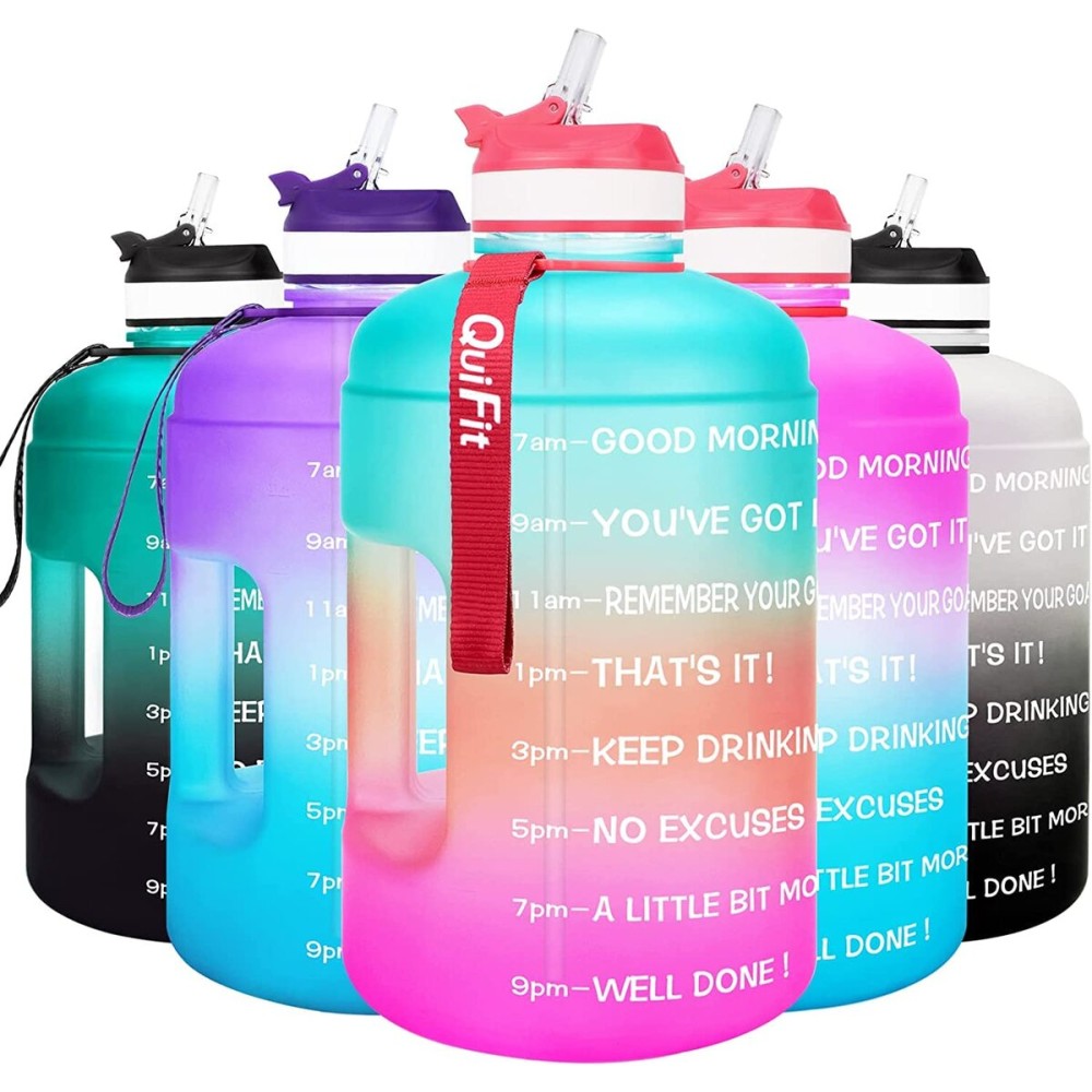 QuiFit Motivational Gallon Water Bottle - with Straw & Time Marker BPA Free Large Reusable Sport Water Jug with Handle for Fitness Outdoor Enthusiasts Leak-Proof (Green/Pink,1 gallon)