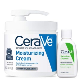 CeraVe Moisturizing Cream & Hydrating Facial Cleanser Skin Care Set, Combo Pack For Dry Skin Relief, Travel Essentials, 1oz Cleanser + 16oz Cream With Pump
