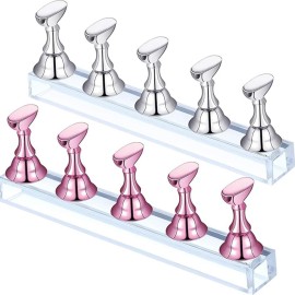 Blulu 2 Sets Nail Stand for Press on Acrylic Nails Display Practice Magnetic Fake Nail Holder for Painting Nails for False Fingernail Manicure Tool Home DIY Salon Supplies(Pink and Silver)