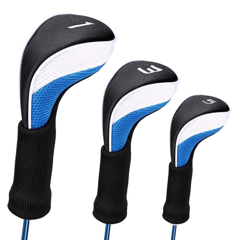 Black Golf Club Head Cover for Driver Fairway 3 Pcs Woods Headcovers, Golf Accessories Hybrid Head Covers Set with Interchangeable Tags 3 4 5 7 X (Blue White 135)