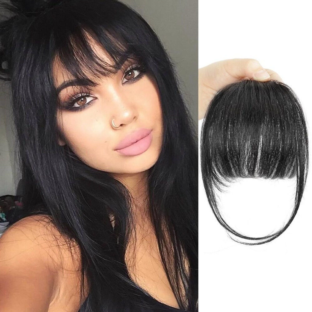 BOGSEA Clip in Bangs Real Human Hair Bangs Hair Clip with Temples Hairpieces for Women Natural Looking Fringe Hair Extension for Daily Wear(Wispy Bangs, Black Bangs)