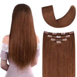 12 Clip in Hair Extensions Remy Human Hair for Women - Silky Straight Human Hair Clip on Extensions Medium Auburn 50grams 4pieces 30 Color