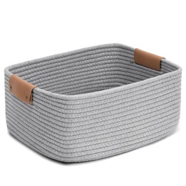 CHICVITA Rectangle Cotton Rope Woven Basket with Handles for Books, Magazines, Toys - Decorative Rectangle Basket for Baby Nursery, Living Room, Bathroom, Grey