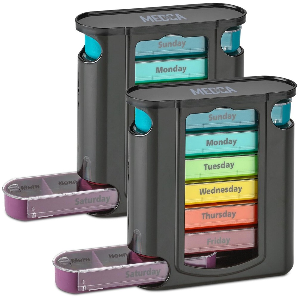 Stackable Daily Pill Organizer - 2 Pack, 4 Times a Day Weekly Medication Reminder - Premium Weekly AM/PM Pill Box with 7 Individual Stacking Cases, a Everyday Medicine Organizer for Vitamins