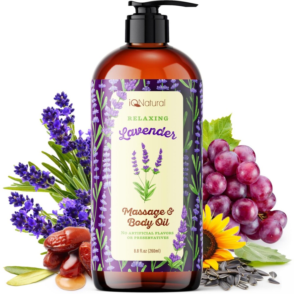 IQ Natural Organic Lavender Body Oil for Skin, Lavender Massage Oil for Massage Therapy, Sore Muscle Body Relaxing Stress Relief - Lightweight and Non-Greasy - 8.8oz (260ml)