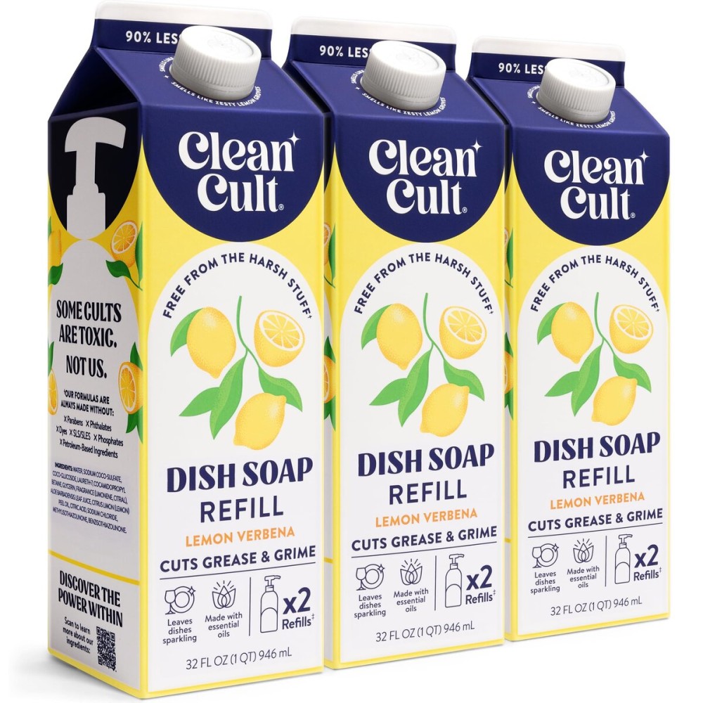 Cleancult Dish Soap Liquid Refills - Plant Based Cleaning Power - Cuts Grease & Grime - Free of Harsh Chemicals - Uses 90% Less Plastic - Lemon Verbena - 32 oz/3 Pack