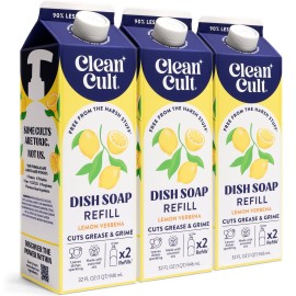 Cleancult Dish Soap Liquid Refills - Plant Based Cleaning Power - Cuts Grease & Grime - Free of Harsh Chemicals - Uses 90% Less Plastic - Lemon Verbena - 32 oz/3 Pack