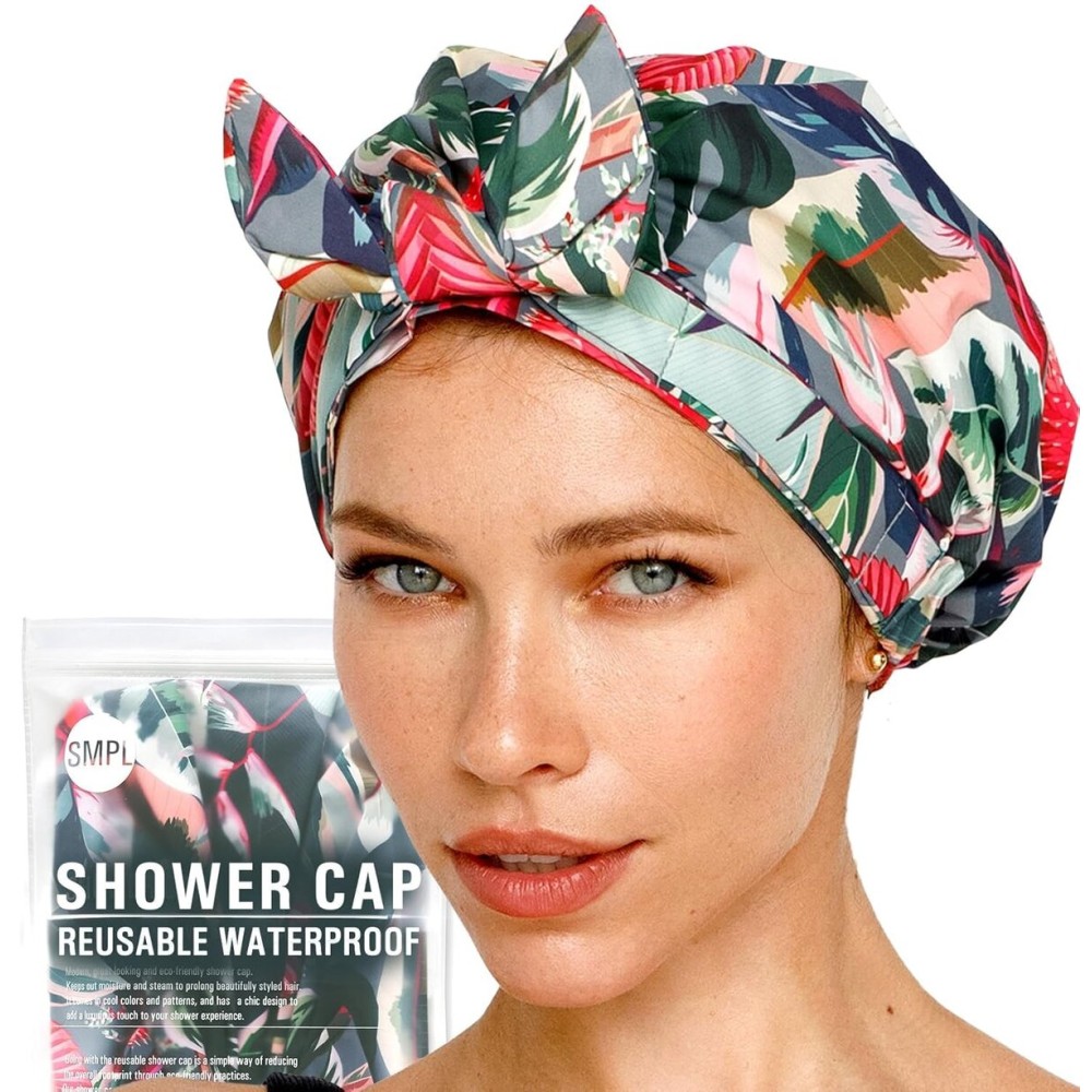 Reusable Shower Cap for Women Reusable Waterproof - Leakproof, Nonslip Hair Cap for Shower Flexiband - Soft, Breathable, Durable Christmas Shower Caps by SMPL OBJECTS (Tropical)