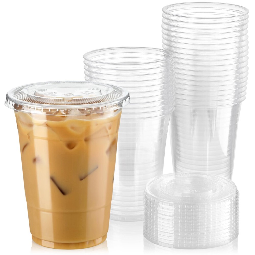 Fit Meal Prep 600 Pack 16 oz Clear Plastic Cups with Flat Lids, Disposable Iced Coffee Cups, BPA Free Premium Crystal Smoothie Cup for Party, Lemonade Stand, Cold Drinks, Juice, Milkshake