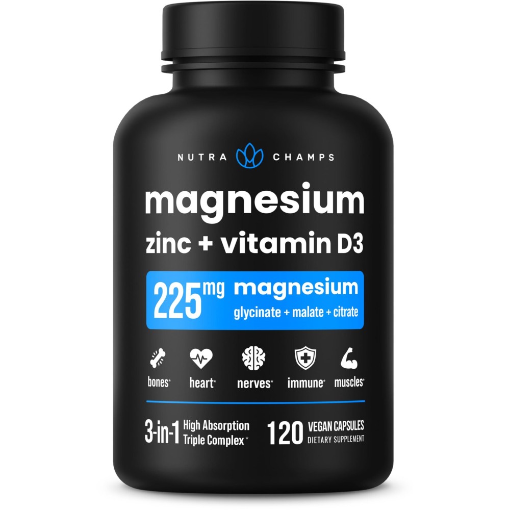 NutraChamps Magnesium Zinc & Vitamin D3 Supplement - Most Bioavailable Forms; Magnesium Glycinate, Malate, Citrate - Bone, Muscle & Heart Health, Immune Support - 120 Vegan Capsules