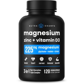 NutraChamps Magnesium Zinc & Vitamin D3 Supplement - Most Bioavailable Forms; Magnesium Glycinate, Malate, Citrate - Bone, Muscle & Heart Health, Immune Support - 120 Vegan Capsules