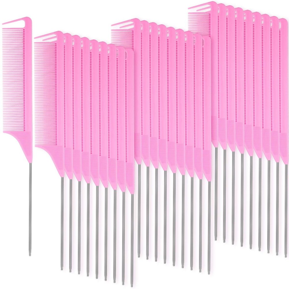 Patelai 30 Pieces Parting Comb for Braids Steel Hair Pin Rat Tail Carbon Fiber Heat Resistant Teasing Combs with Stainless Steel Pintail(Pink)