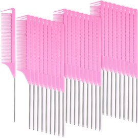 Patelai 30 Pieces Parting Comb for Braids Steel Hair Pin Rat Tail Carbon Fiber Heat Resistant Teasing Combs with Stainless Steel Pintail(Pink)