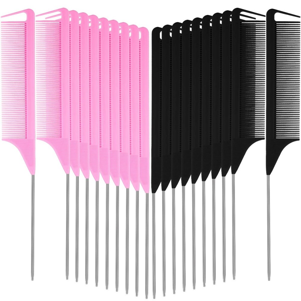 Patelai 30 Pieces Parting Comb for Braids Steel Hair Pin Rat Tail Carbon Fiber Heat Resistant Teasing Combs with Stainless Steel Pintail(Black and Pink)