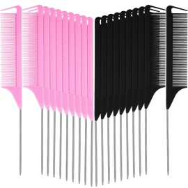 Patelai 30 Pieces Parting Comb for Braids Steel Hair Pin Rat Tail Carbon Fiber Heat Resistant Teasing Combs with Stainless Steel Pintail(Black and Pink)