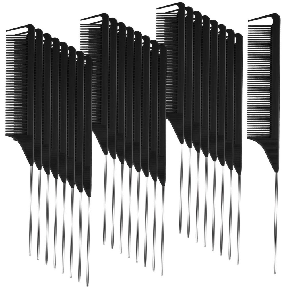 Patelai 30 Pieces Parting Comb for Braids Steel Hair Pin Rat Tail Carbon Fiber Heat Resistant Teasing Combs with Stainless Steel Pintail(Black, Silver)