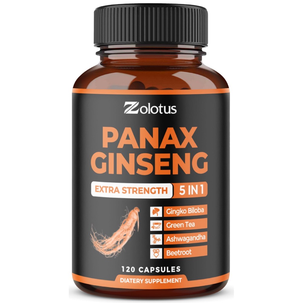 Zolotus Korean Red Panax Ginseng + Ginkgo Biloba, Ashwagandha, Beetroot, Green Tea - 120 Capsules for 2 Month Supply