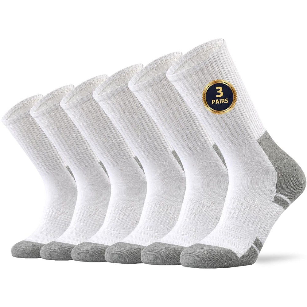 Ortis Men\'s Cotton Cushion Crew Socks Moisture Wicking Breathable Thick Warm Thermal for Athletic Heavy Duty Work Boot(WhiteGrey L 3P)