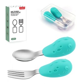 YIVEKO Baby Fork and Spoon Set with Carry Case Baby Training Utensils Self Feeding Toddler Silverware Silicone and Stainless Steel Kids and Toddler Utensil Set-Dinosaur